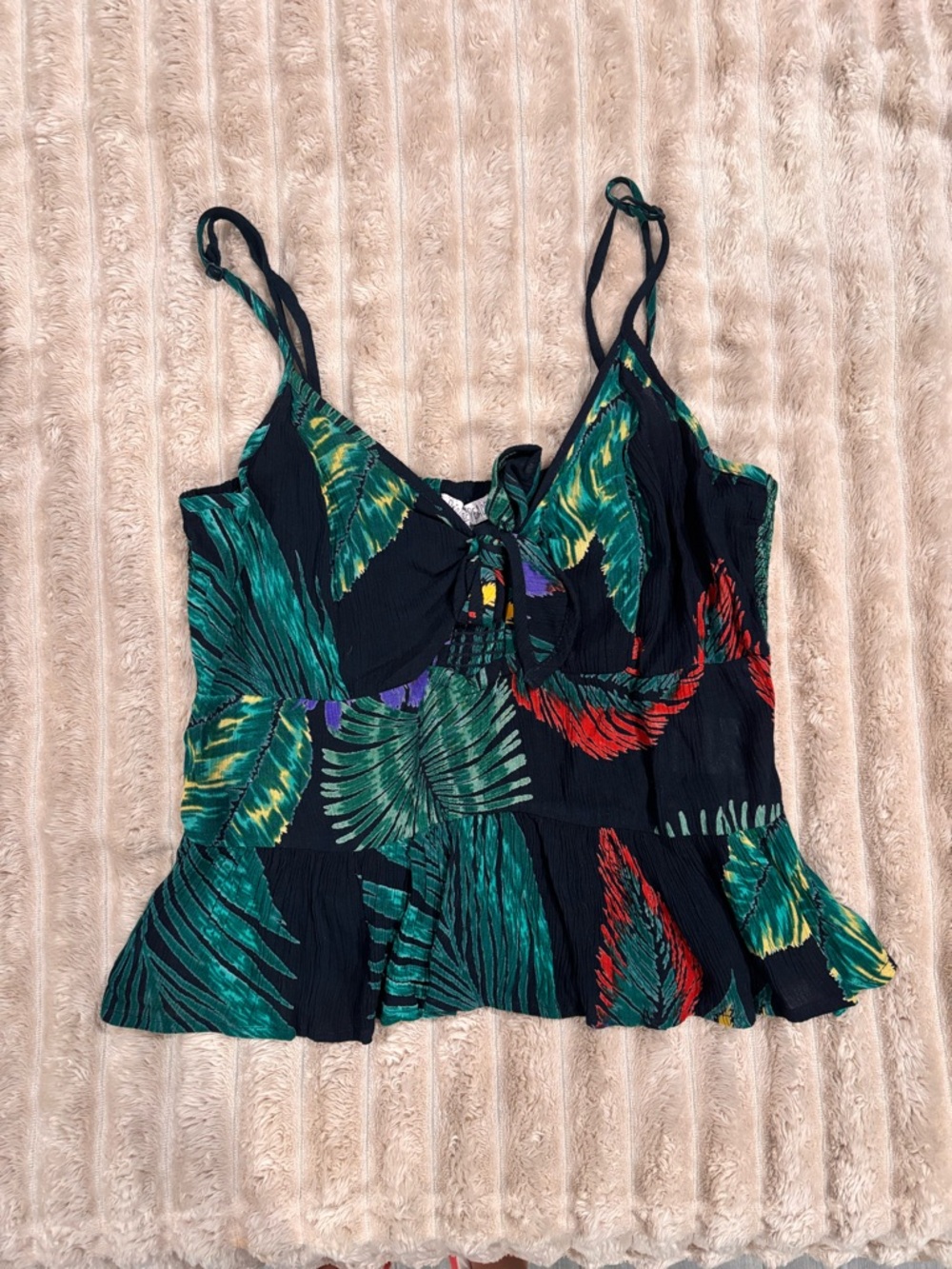 Patrons of Peace Black Tropical Leaf Tie-Front Cami with Green & Red Accents
